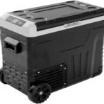 12V Refrigerator supports 12V/24V DC & 110-240V AC. Portable with -4°F~68°F range, it features wheels, 2 baskets, and large cooling zone. Ideal for RVs, travel, Truck, Boat, Insulated Portable Cooler, Cooler Carry Handle