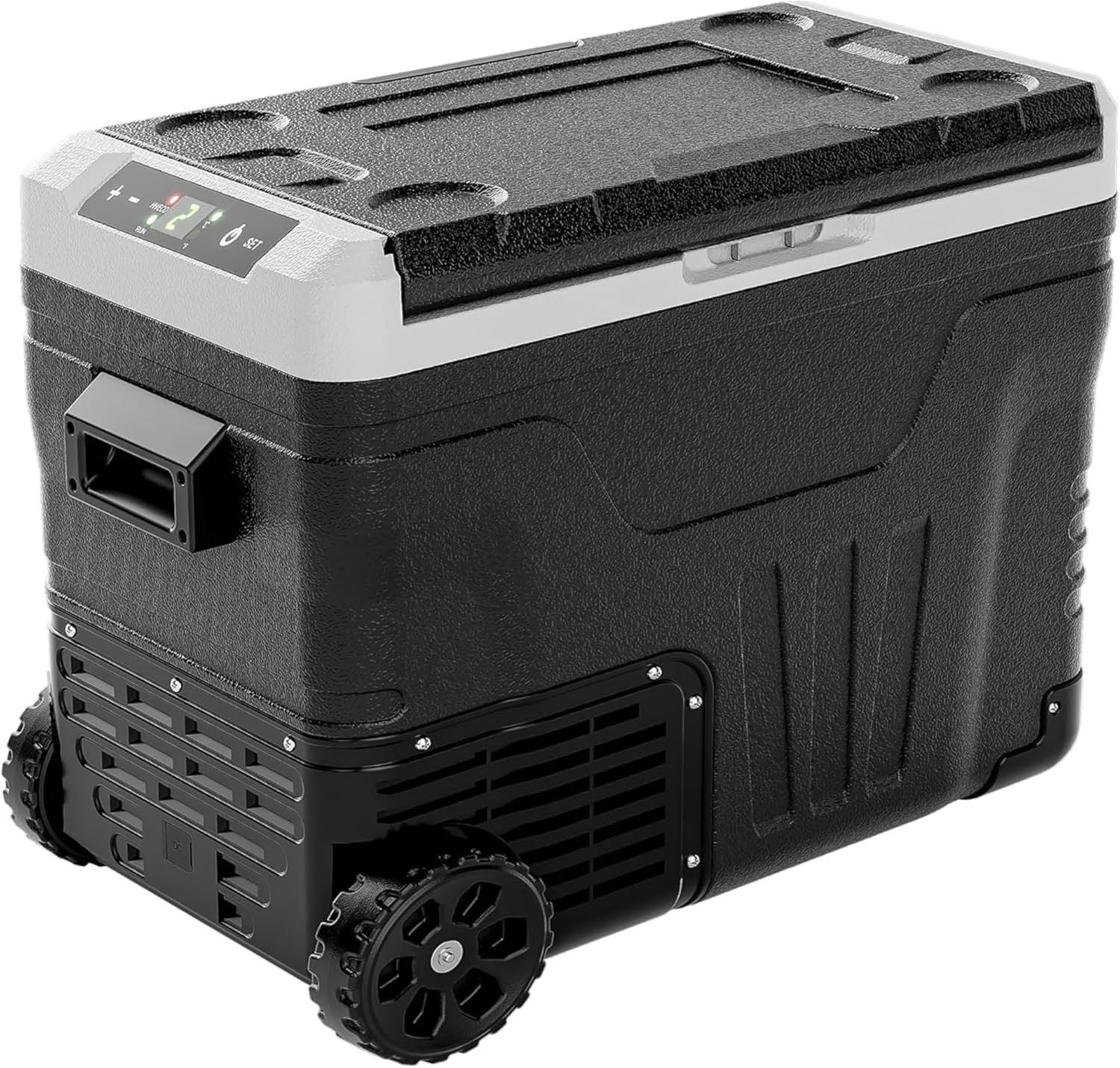 81W1x0hffjL._AC_SL1500_ 12V Refrigerator supports 12V/24V DC & 110-240V AC. Portable with -4°F~68°F range, it features wheels, 2 baskets, and large cooling zone. Ideal for RVs, travel, Truck, Boat, Insulated Portable Cooler, Cooler Carry Handle - Image 1