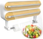 Kitchen Wrap Dispenser with Cutters Organize Aluminum Foil Plastic Wrap Wax Paper Wooden Design Storage Organizer with Easy Tear System for Countertop Pantry and Kitchen Cabinet (3in1)