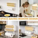 Kitchen Wrap Dispenser with Cutters Organize Aluminum Foil Plastic Wrap Wax Paper Wooden Design Storage Organizer with Easy Tear System for Countertop Pantry and Kitchen Cabinet (3in1) - Image 3