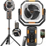OGERY Portable Camping Fan with Adjustable Height Stand, 30000mAh Battery Powered Fan with Remote, LED Light, Auto Oscillation for Tent, RV, Bedroom, Travel – Floor & Desk Fan
